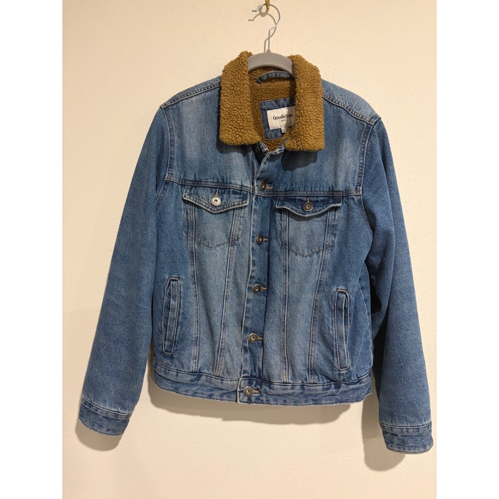 Goodfellow & Co Faux Sherpa Lined Faded Denim Trucker Jacket~Sz S~Cozy Workwear